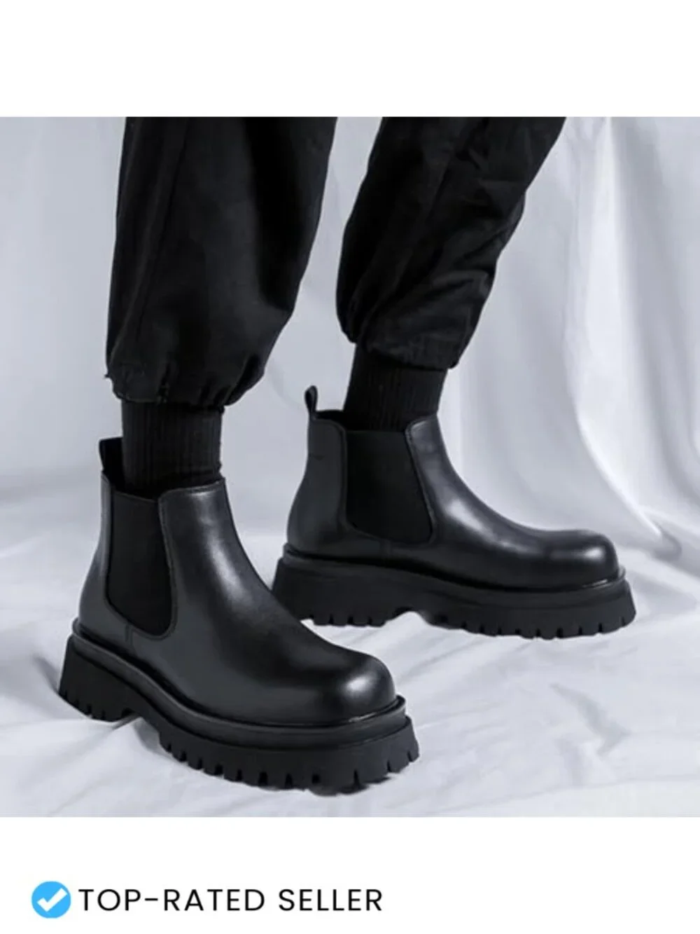 Men's Leather Chelsea Boots Chunky Platform Lug Sole Stretch Ankle Booties